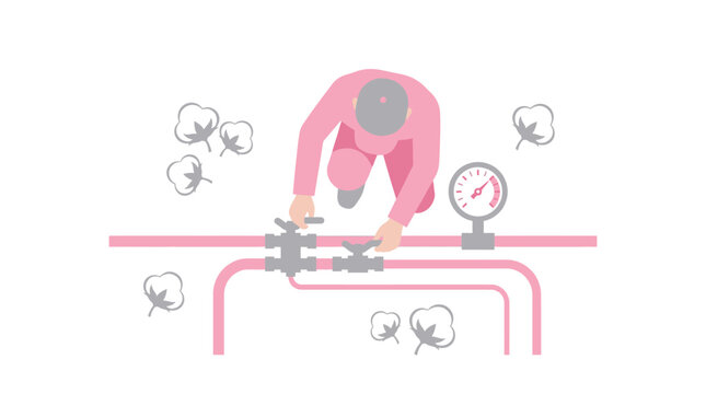 Worker adjusting industrial pipeline valve with pressure gauge, surrounded by cotton bolls, illustrating agriculture processing or textile industry work