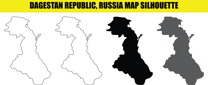 Dagestan republic russia map silhouette set, geographic shape, territory outline, cartographic form, border contour on transparent background.