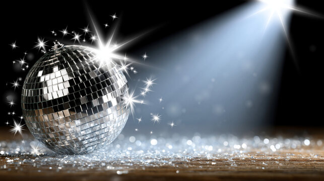 Disco ball reflecting light with glitter and spotlights mirror ball disco fever