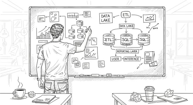 Data Engineer Drawing Storage Architecture on Whiteboard, Hand Sketch