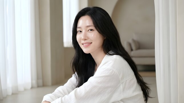 Beautiful Wellness & Self-Care Model Sitting in a Serene Room with Calming Ambiance and Soft Natural Light.  skincare model