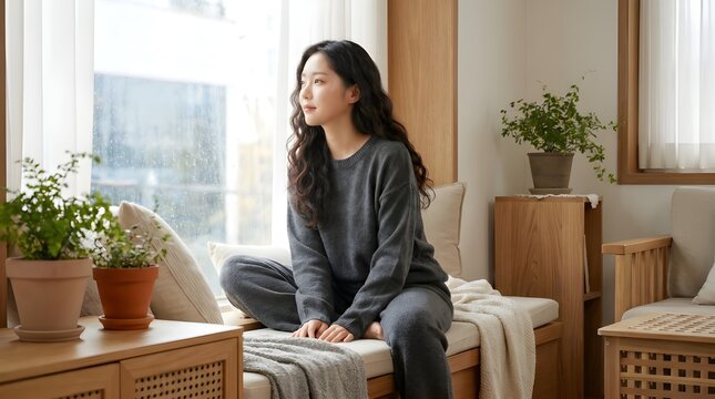 Beautiful Wellness & Self-Care Model sitting on a couch in a serene room with plants and a window.  skincare model