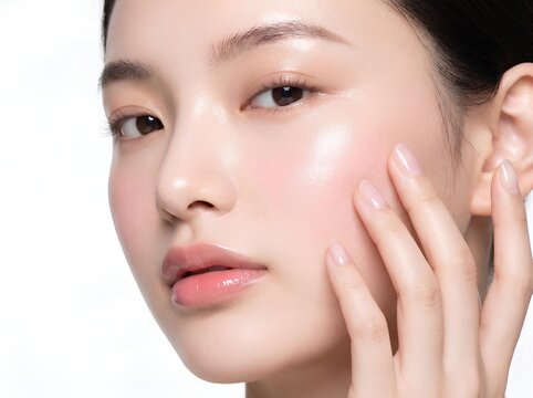 輝くような美肌の若いアジア人女性、完璧で均一な肌の顔に触れる様子、白背景のクローズアップ、新鮮でナチュラルなスキンケアとビューティーのコンセプト
