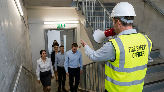 Fire safety officer directing office workers during an evacuation drill in a stairwell
