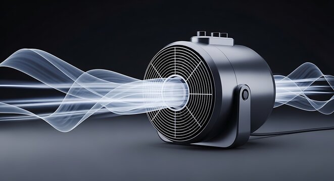 A sleek modern air mover fan generating powerful directional airflow represented by glowing light trails against a clean dark studio background setting