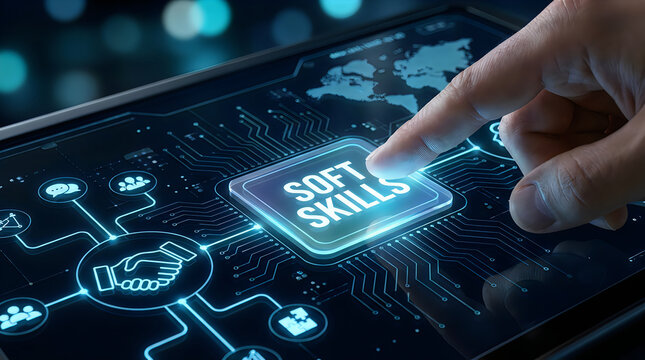 Digital interface with a finger touching a button labeled soft skills, representing professional development, interpersonal communication, and human resources technology