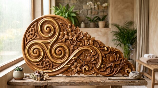 Wood carving displays a complex triskelion design with delicate flower motifs resting on a rustic wooden table.