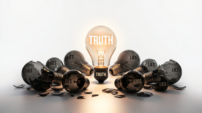 Glowing light bulb with truth text standing among broken bulbs labeled lies over white background