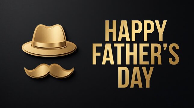 Elegant Happy Father's Day greeting, golden fedora hat and mustache icons on black background, luxury celebration banner for dad
