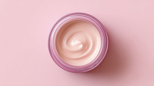 cosmetic cream jar showing smooth texture inside, top view minimal beauty concept, pastel color palette background and surface