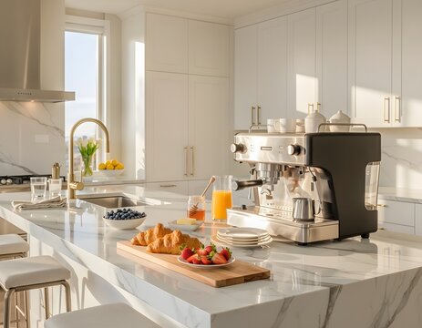Morning breakfast with fresh berries, pastries and juice, served on a modern kitchen counter with an espresso machine and sunlight streaming in