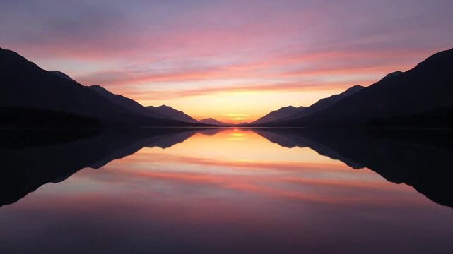 Vibrant sunset reflects in still mountain lake at dusk
