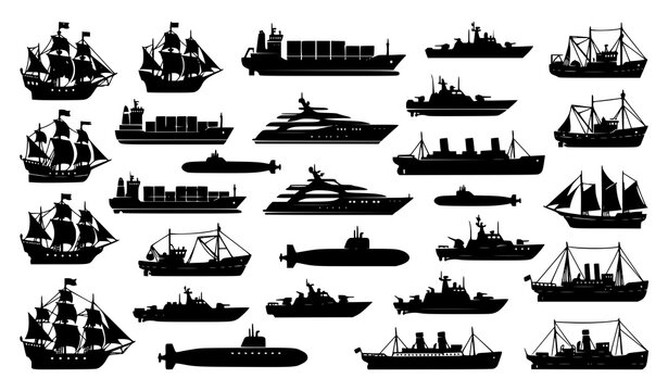 Nautical ship silhouette vector illustration with pirate boats yachts submarines and cargo vessels