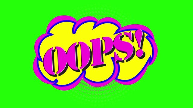 "Oops!" Animated Comic Pop Art Speech Bubble Effect 4k stock animation video on a green screen background for chroma key background for video editing.