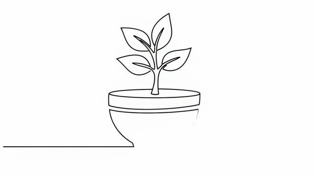 Continuous line drawing of a small plant growing in a pot, symbolizing growth and nature.