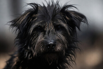 Naklejka premium A close-up portrait of a dark, shaggy dog looking directly at the camera in a softly lit, blurred outdoor setting.