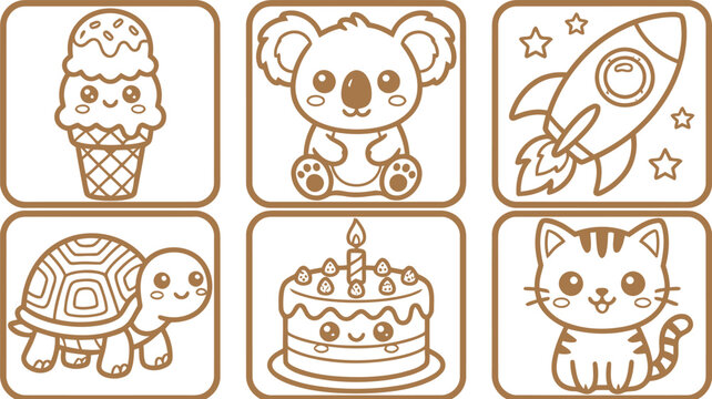 Cute kawaii icon set ice cream, koala, rocket, turtle, cake, and kitten