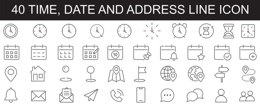 Time, date and address line icons set. calendar, clock, gps point, flag point, globe point Containing hourglass, pin, stopwatch. Editable stroke for mobile and web. Isolated on white background