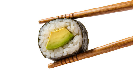 Sushi roll with avocado held by chopsticks © Nuria