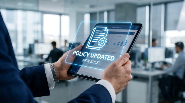Professional reviewing updated company policy rules on a digital tablet in an office setting