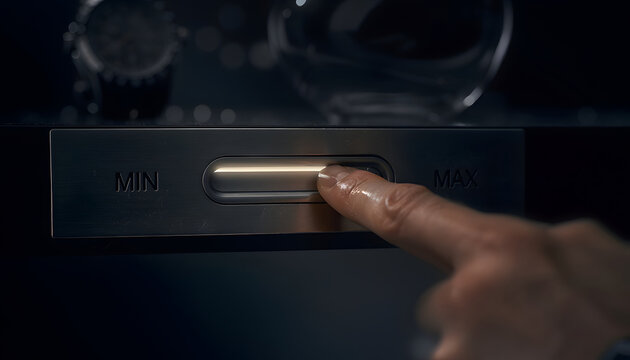Close Up of Finger Adjusting Metallic Linear Slider Control Switch Between Min and Max Settings