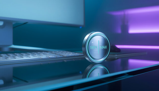 Futuristic workspace featuring a glowing metallic dial knob with min and max indicators on a glass desk