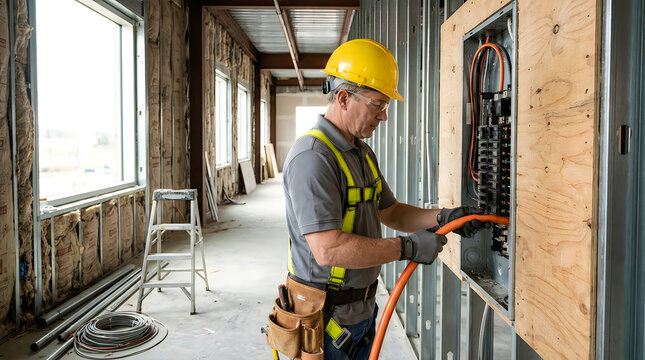Professional electrician installing electrical wiring in a commercial building construction site
