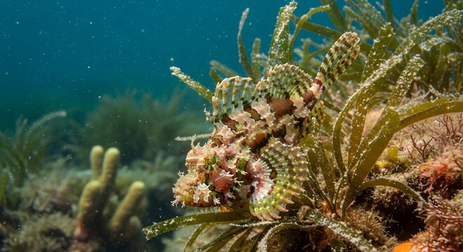 Dwarf Lionfish Scorpaenidae camouflaged in seagrass on a tropical coral reef underwater