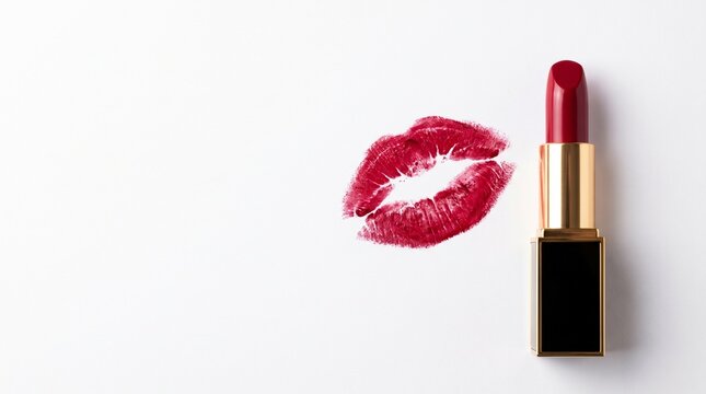 Kiss Lipstick Print and Red Lipstick on White Background