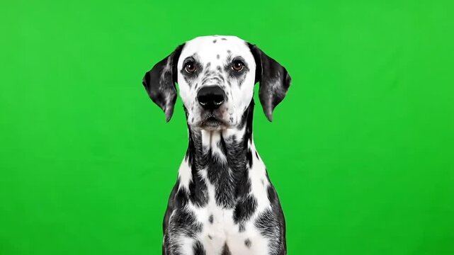 Alert Dalmatian dog with distinctive spots looking directly forward on a vibrant green background.