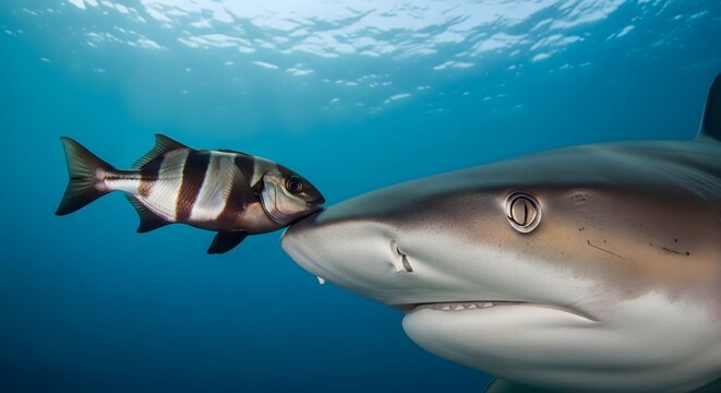 Close-up of a pilot fish touching a shark snout in clear blue tropical ocean water