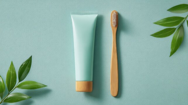toothpaste squeeze tube and bamboo toothbrush on minimal mint colored surface, fresh eco aesthetic, ultra realistic studio photo