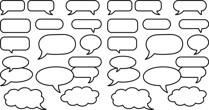 Speech bubble icon set containing outline symbols of comic message balloons text boxes cloud shapes chat dialogs and discussion