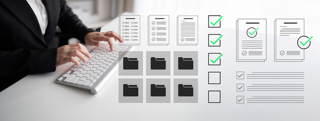Modern office setup highlighting document management tasks, featuring a keyboard, checklists, and...