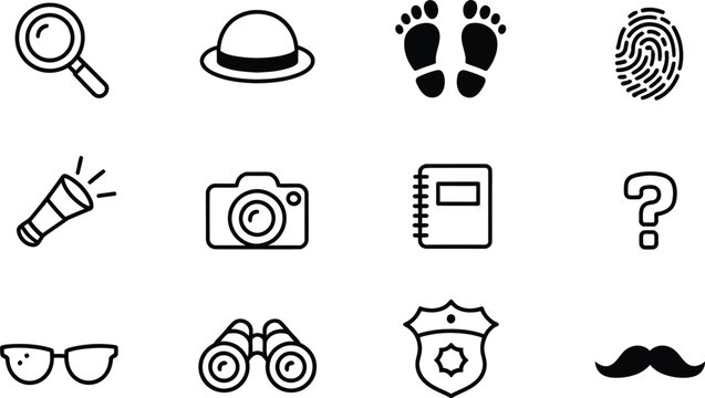 Detective icon set containing outline symbols of magnifying glass hat footprints fingerprint flashlight camera notebook question mark binoculars badge and mustache