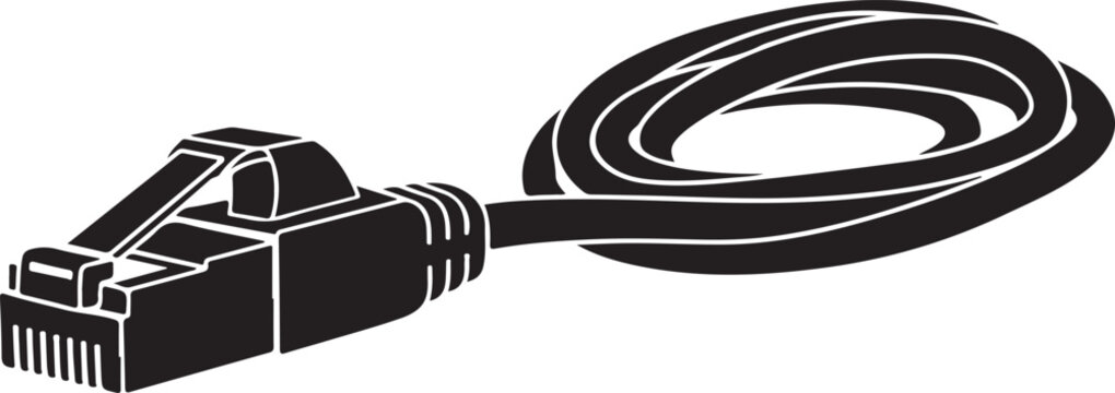 Ethernet cable, network connector, black cord, vector icon