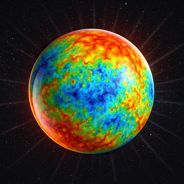 A vibrant sphere representing the Cosmic Microwave Background radiation floats in deep space. Glowing with temperature fluctuations in vivid colors, the globe radiates thermal light