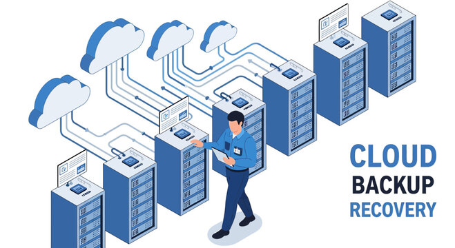 Cloud Backup Recovery: Data Servers Connected to Clouds, IT Person Working