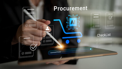 Obraz premium A professional hand interacting with a digital device, showcasing AI-integrated procurement processes and document management, emphasizing efficiency in supply chain operations. Cyphers