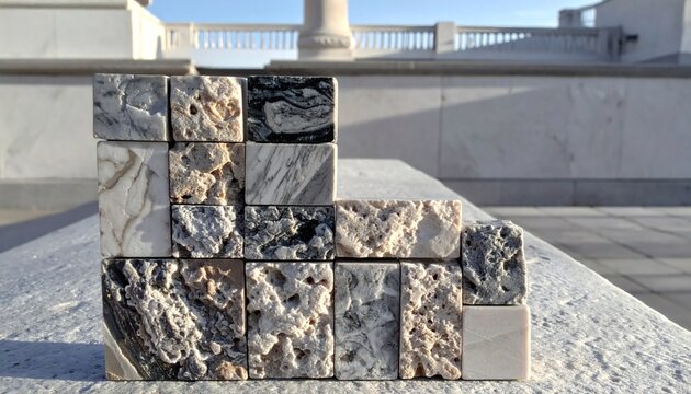 Collection of various natural stone samples arranged in a geometric step pattern