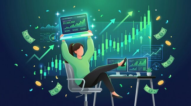 Empowered investor celebrating financial success in digital market, visualizing exponential wealth creation and strategic growth through online trading platforms