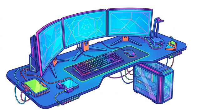 Futuristic Gaming Desk Setup With Multiple Monitors and Computer.