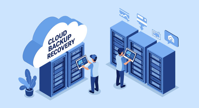 Cloud Backup Recovery: IT professionals manage servers, data storage, and cloud technology.