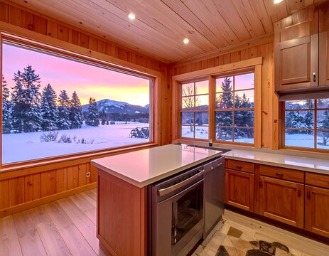 Modern kitchen with snowy mountain view.