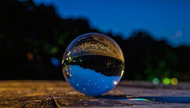 Upside down landscape reflection in a crystal glass ball at night