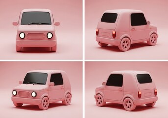 Fototapeta premium Cute Pink 3D Cartoon Car Model Set from Multiple Angles for Creative Design and Animation