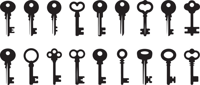 key silhouettes varied bow and bit shapes set black icons