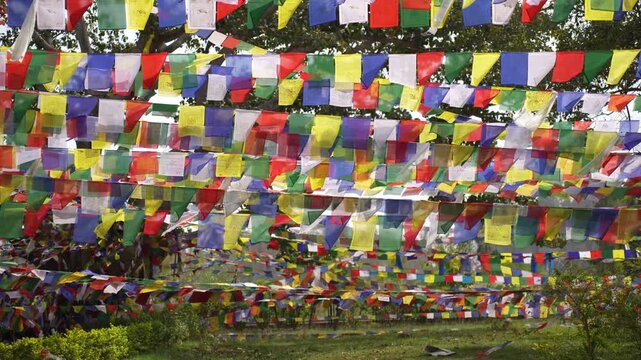 Lumbini, Nepal - 15 January 2024: View of colorful Buddhist prayer flags hanging in rows against a backdrop of green trees and lush vegetation at the sacred site of Lumbini.