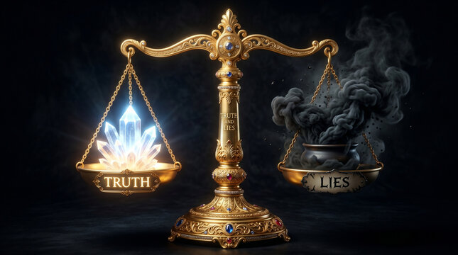 Golden Balance Scale Comparing Glowing Truth Crystals with Dark Smoke Lies for Justice Concept