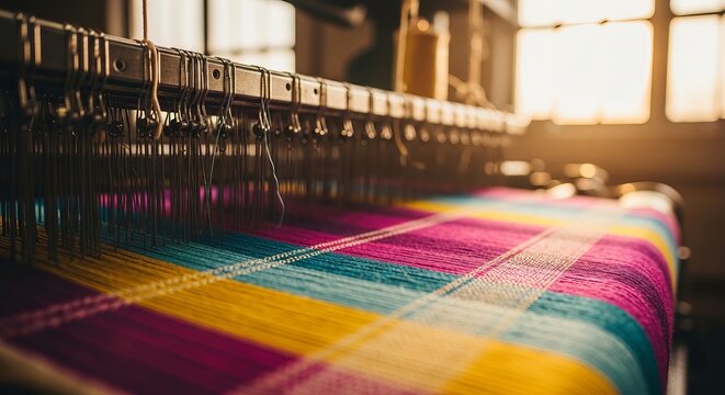 Colorful textile weaving on a traditional loom in a workshop, close-up